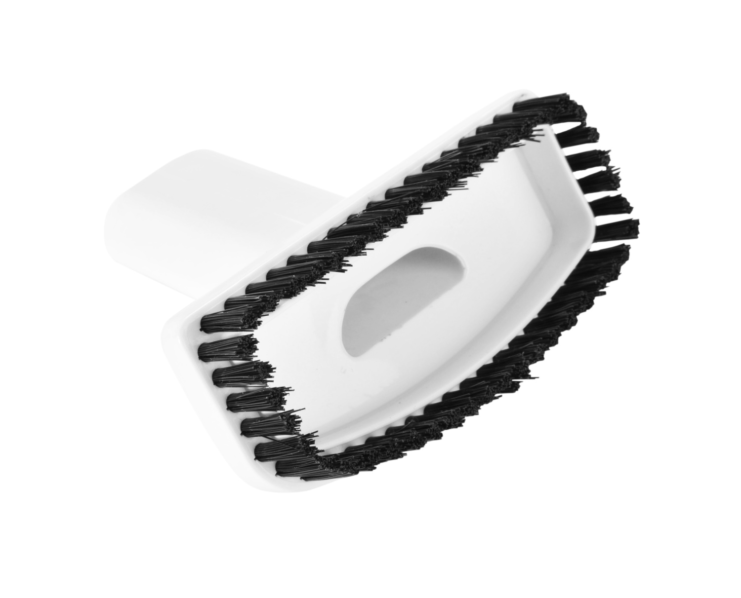 Een witte stofzuigerborstel met zwarte borstelharen op een witte achtergrond.