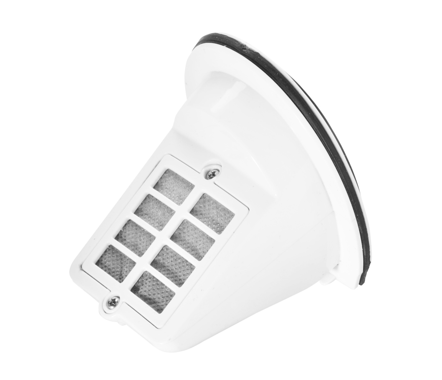 Een witte plastic zwembadskimmer mand met ingebouwd filterrooster en schroeven op een witte achtergrond.