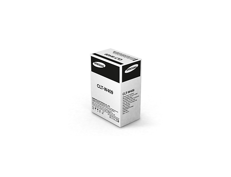 Una scatola di contenitore di toner di scarto Samsung CLT-W409 bianca e nera su sfondo bianco.