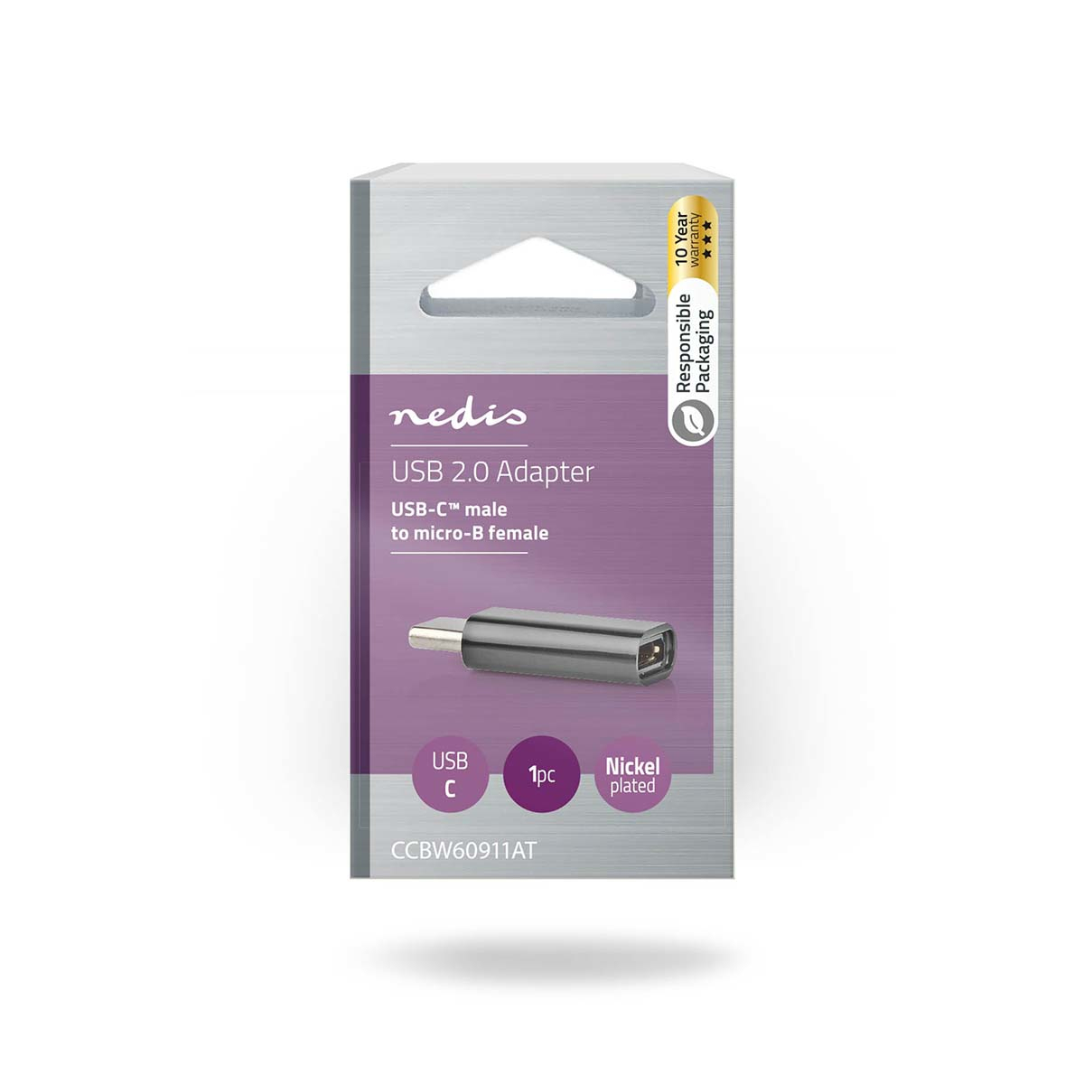 Embalaje del adaptador USB 2.0 de Nedis, USB-C macho a micro-B hembra, con imagen del adaptador.