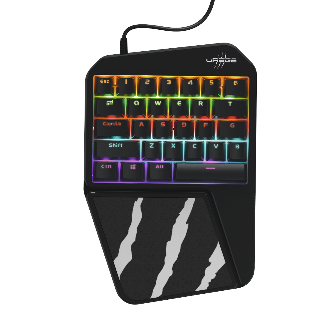 Schwarze einhändige Gaming-Tastatur mit RGB-Beleuchtung und weißem Krallenmuster auf der Handballenauflage.