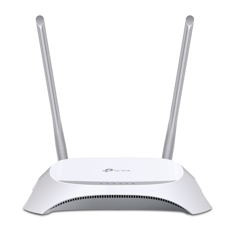 Un enrutador inalámbrico TP-Link blanco con dos antenas verticales sobre un fondo blanco.