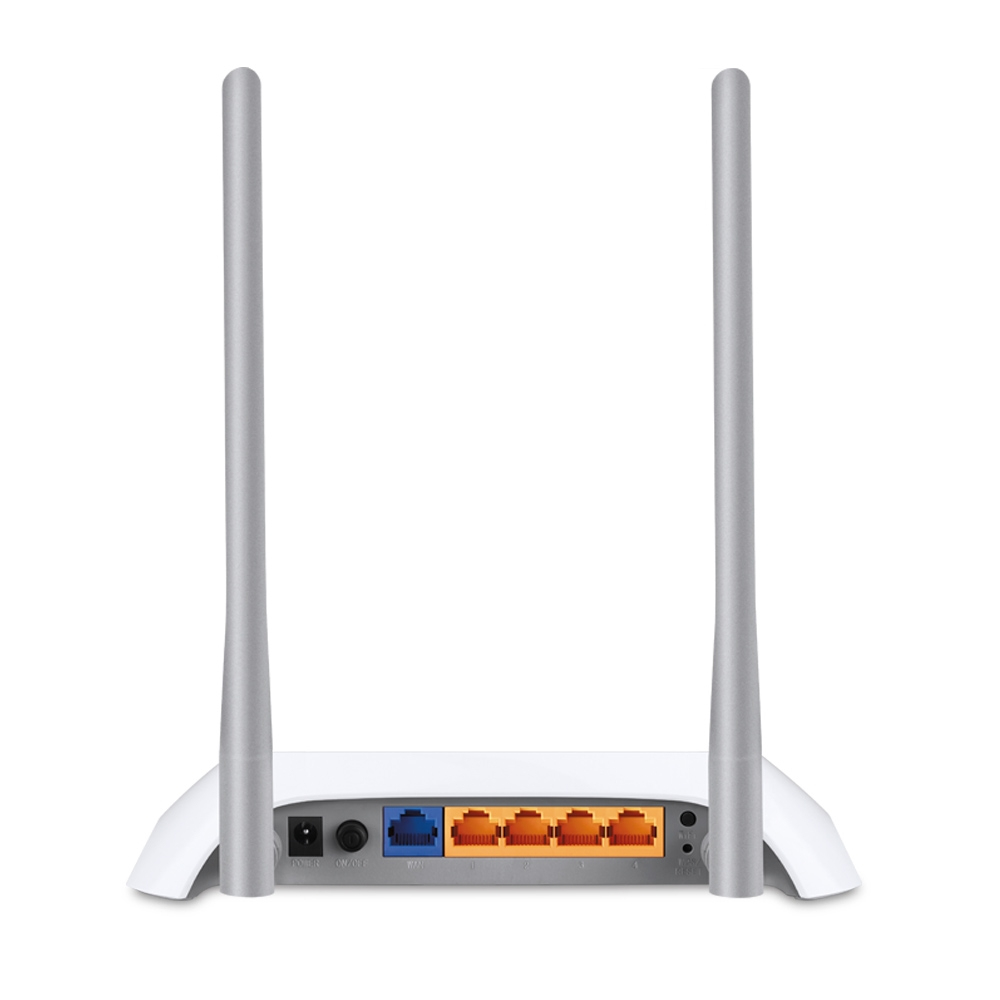 Parte trasera de un router blanco con dos antenas altas, un puerto WAN azul y cuatro puertos LAN naranjas.
