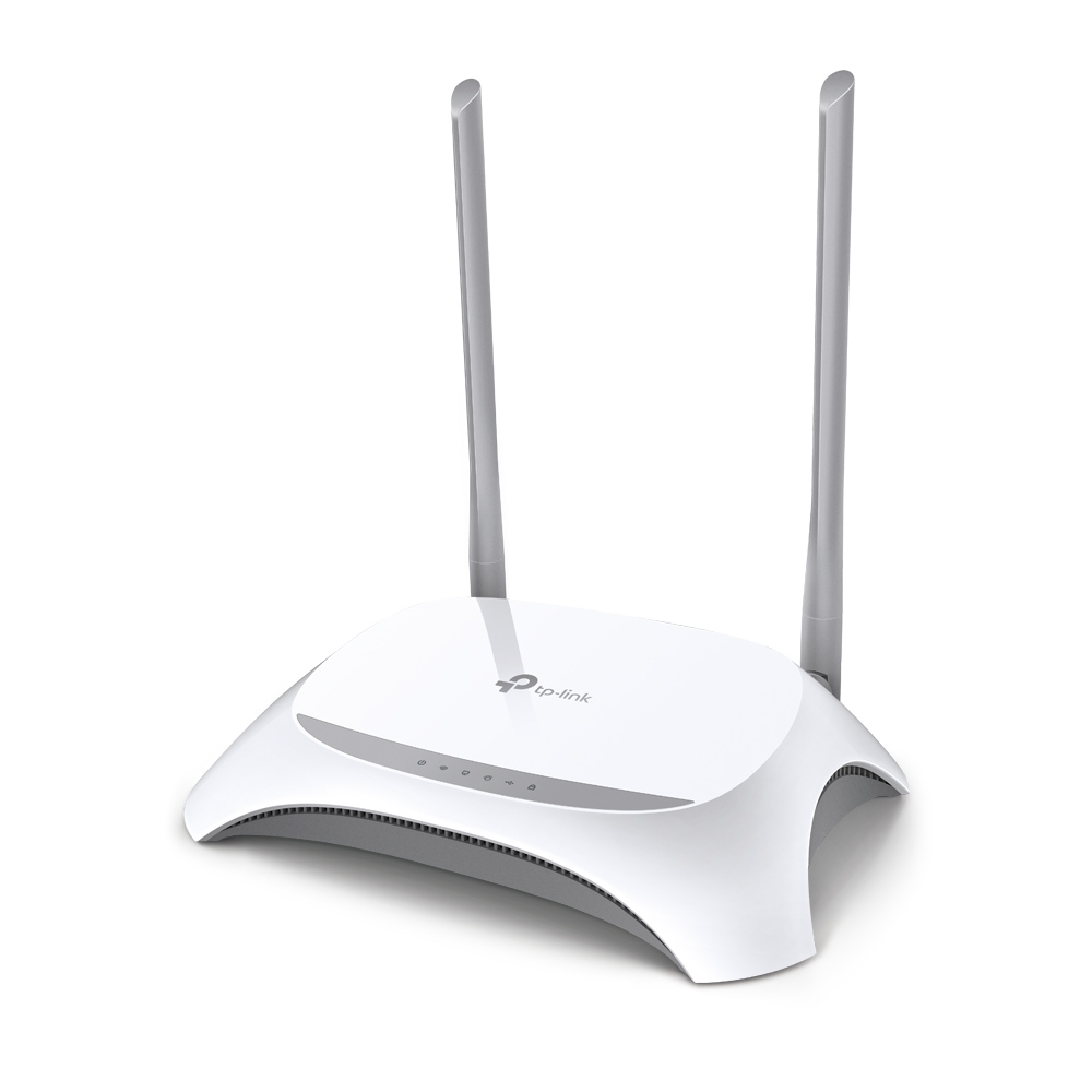 Router inalámbrico TP-Link blanco con dos antenas verticales sobre fondo blanco.