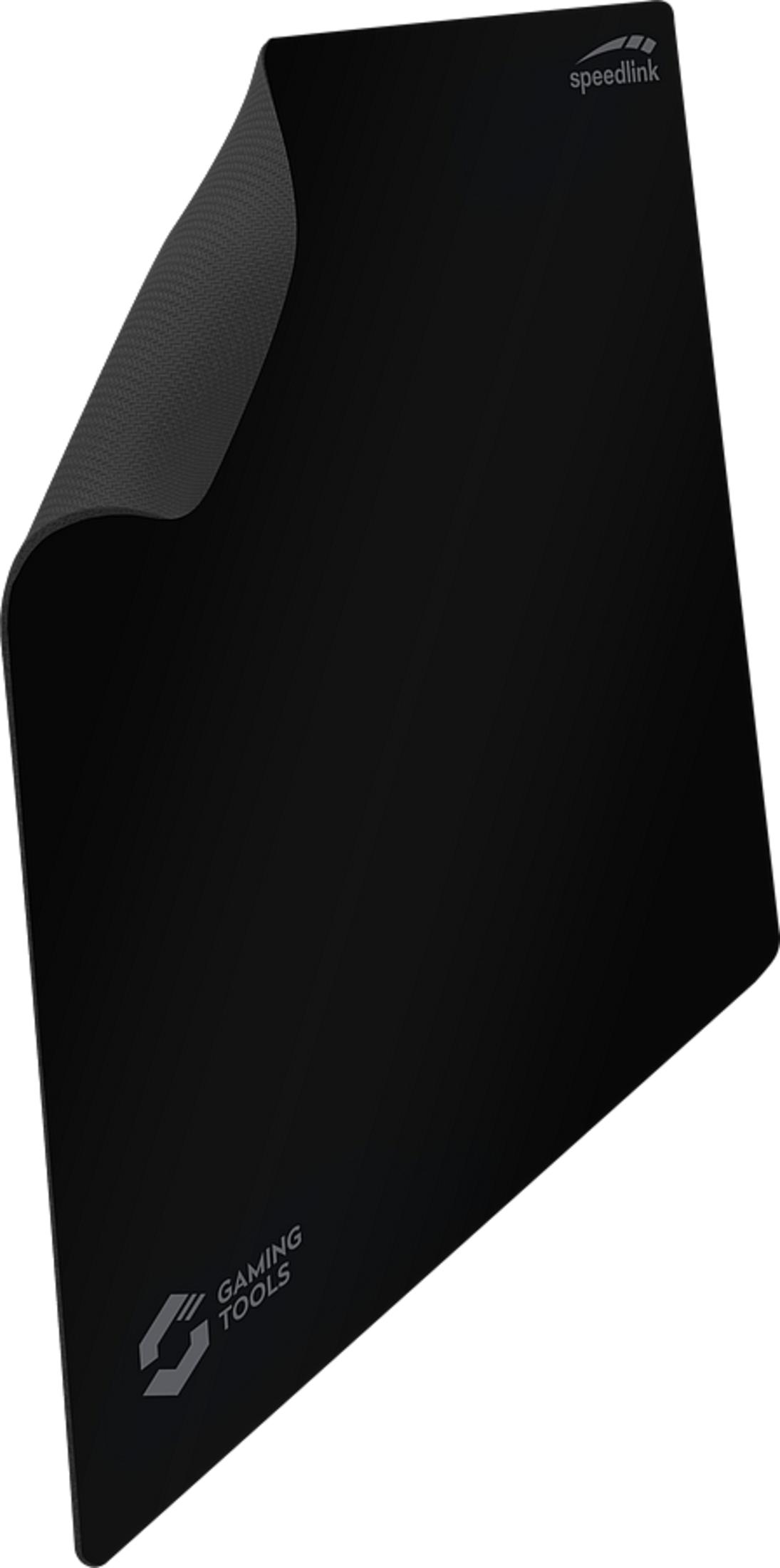 Ein schwarzes Speedlink-Mauspad mit abgerundeter Ecke und Gaming-Tools-Logo.