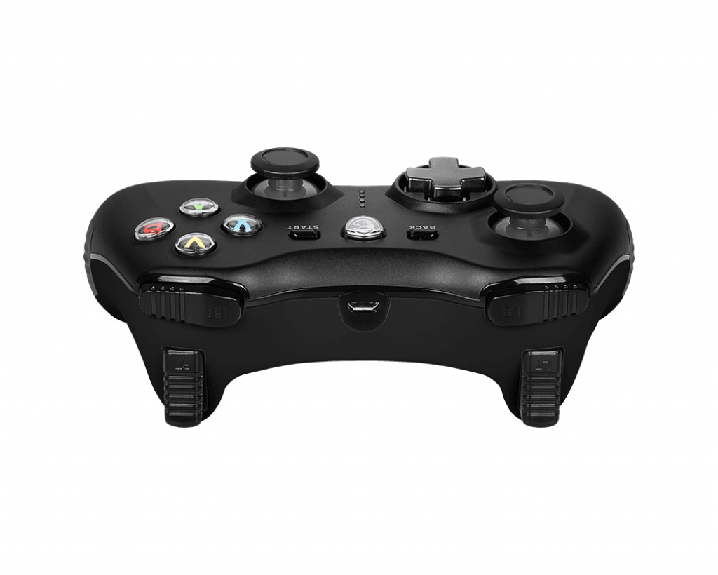 Ein schwarzer kabelloser Gamepad mit zwei Joysticks, einem D-Pad, farbigen Aktionstasten und Schultertasten.