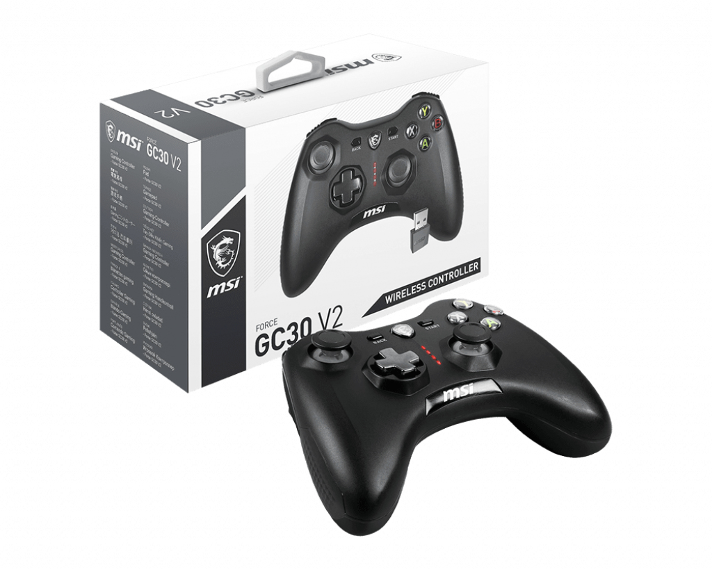 Ein schwarzer MSI Force GC30 V2 Wireless Controller liegt vor seiner weißen Verpackung.