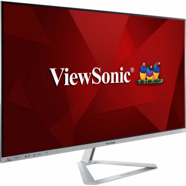 ViewSonic-Monitor mit einem roten, geometrischen Hintergrund und dem Logo mit drei Vögeln.