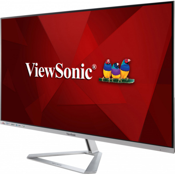 Ein ViewSonic-Monitor auf einem silbernen Standfuß zeigt sein Logo und drei bunte Finken vor rotem Hintergrund.