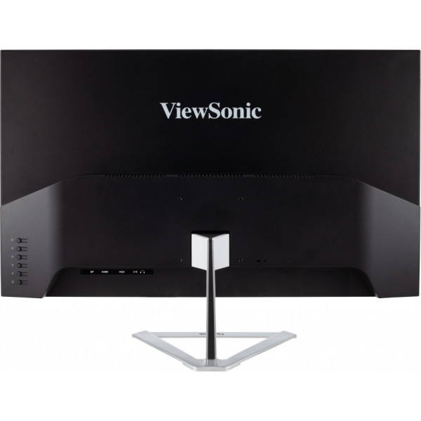 Rückseite eines schwarzen ViewSonic-Monitors mit silbernem Standfuß und sichtbaren Anschlüssen.