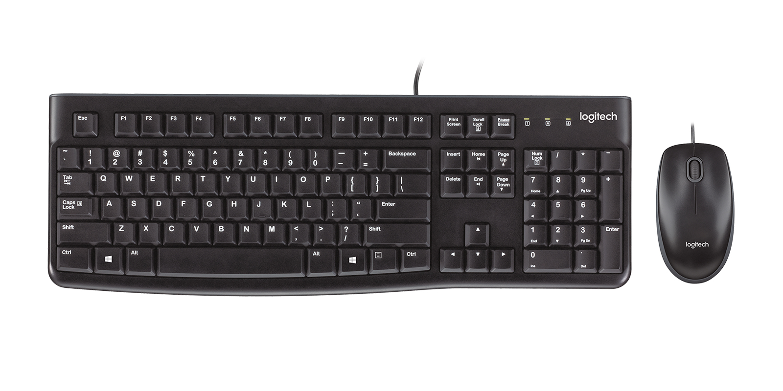 Ein schwarzes Logitech-Tastatur- und Mausset mit kabelgebundenem Design auf weißem Hintergrund.