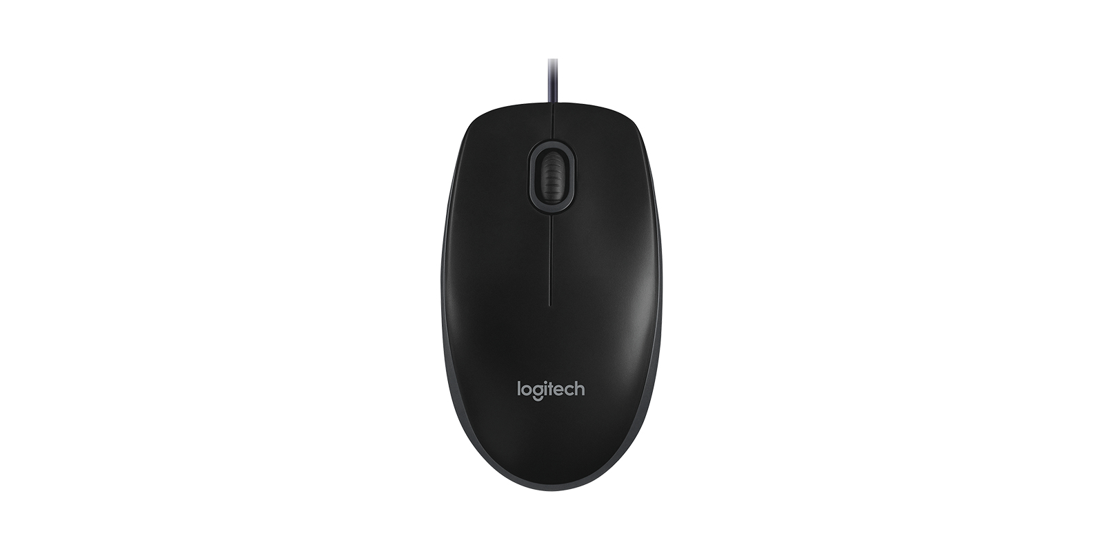 Eine schwarze Logitech-Kabelmaus mit Scrollrad und Logo auf weißem Grund.