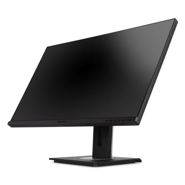 Ein schwarzer Computerbildschirm mit schmalen Rändern steht auf einem verstellbaren Standfuß.