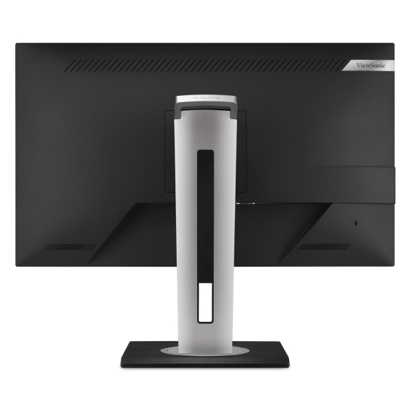 Rückansicht eines schwarzen ViewSonic Monitors mit silbernem Standfuß vor weißem Hintergrund.