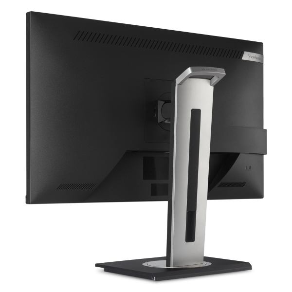 Rückansicht eines schwarzen Monitors mit silbernem Standfuß auf weißem Hintergrund.