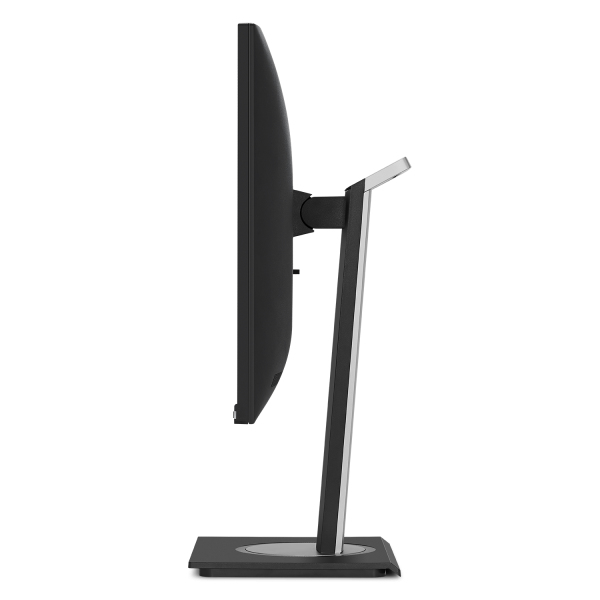 Seitenansicht eines modernen schwarzen Monitors mit silbernem Standfuß auf weißem Hintergrund.