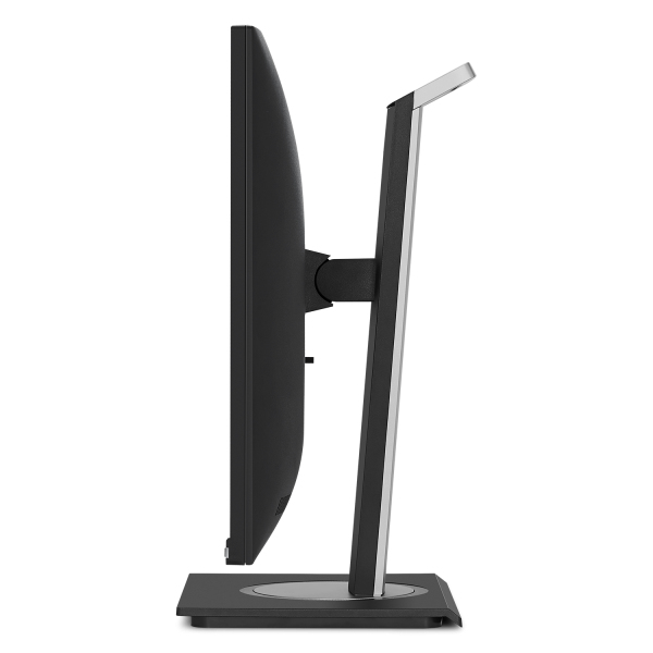 Seitenansicht eines modernen schwarzen Computerbildschirms mit verstellbarem Standfuß auf weißem Hintergrund.