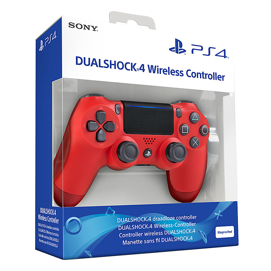 Un mando inalámbrico DualShock 4 de PlayStation 4 rojo dentro de su caja de embalaje.