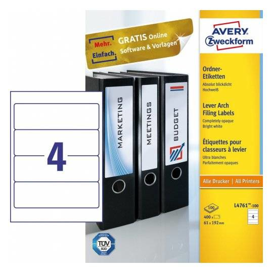 Avery Zweckform Ordner-Etiketten, Verpackung mit 4 weißen Etiketten und drei Ordnern.
