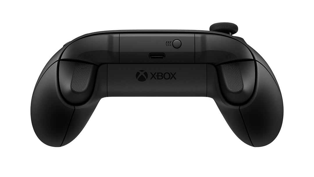 USB-C bağlantı noktası ve Xbox logosu olan siyah bir Xbox kontrol cihazının arka görünümü.