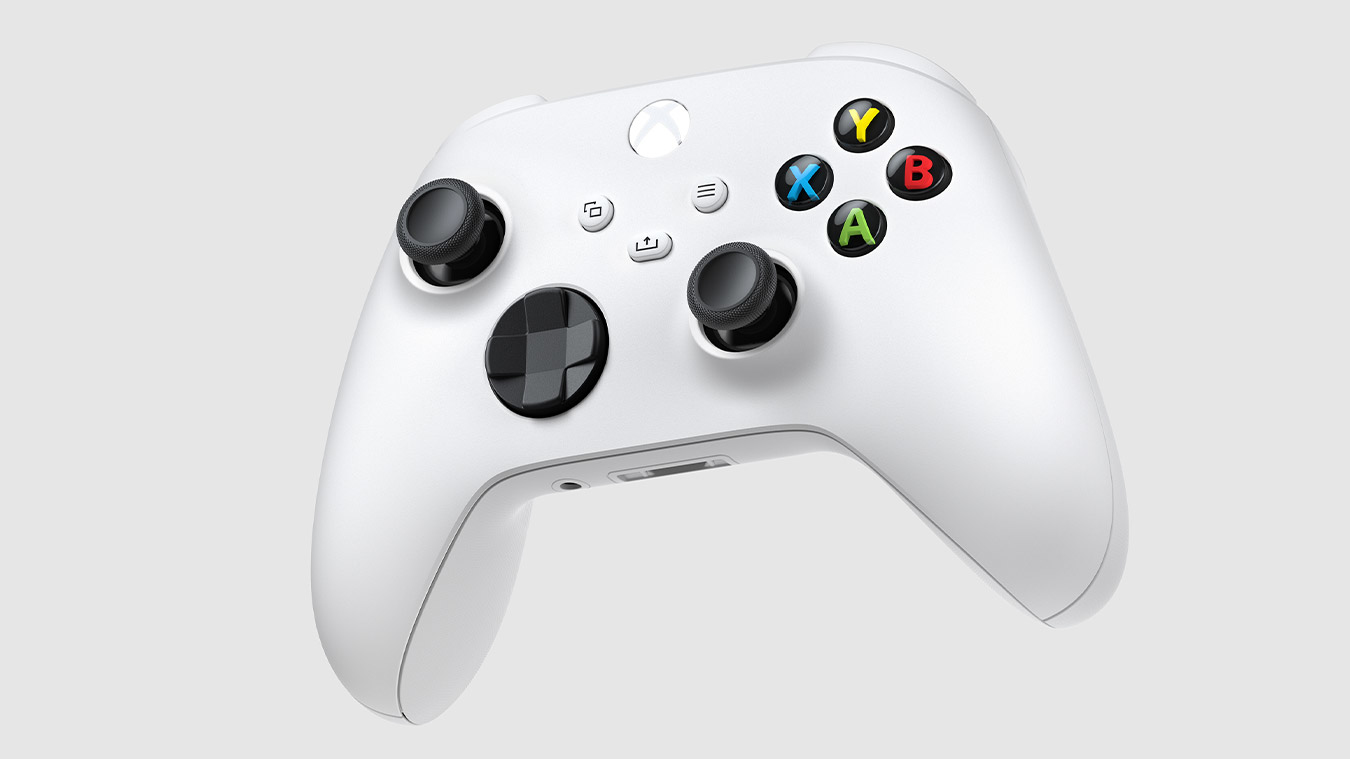 Biały kontroler bezprzewodowy Xbox na jasnym tle.