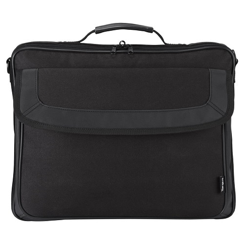 A black Targus laptop briefcase with a top handle, front flap pocket, and zippers against a plain white background.