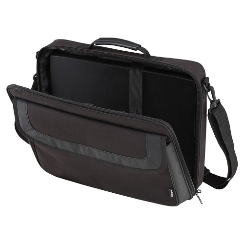 An open black laptop bag with a strap and handle, containing a dark device against a white background.