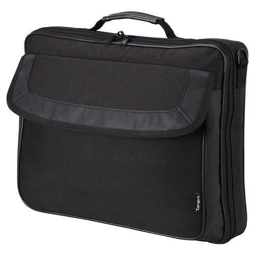 A black Targus laptop bag with a carrying handle against a white background.