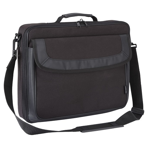A black laptop bag with a front pocket and adjustable shoulder strap on a white background.