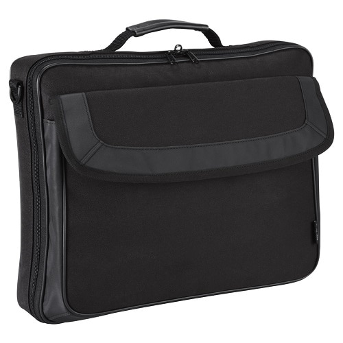 A black laptop bag with a front flap pocket and a top handle against a white background.