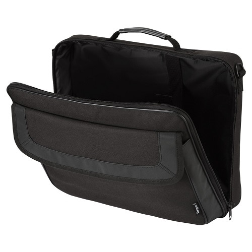 A black laptop bag with an open main compartment and carrying handle against a white background.
