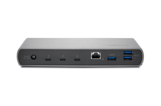 Docking station Kensington grigia con porte USB-C, Ethernet e USB.
