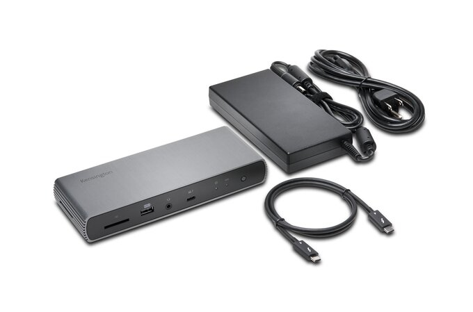 Stazione di docking grigia Kensington con alimentatore nero e cavo USB-C.