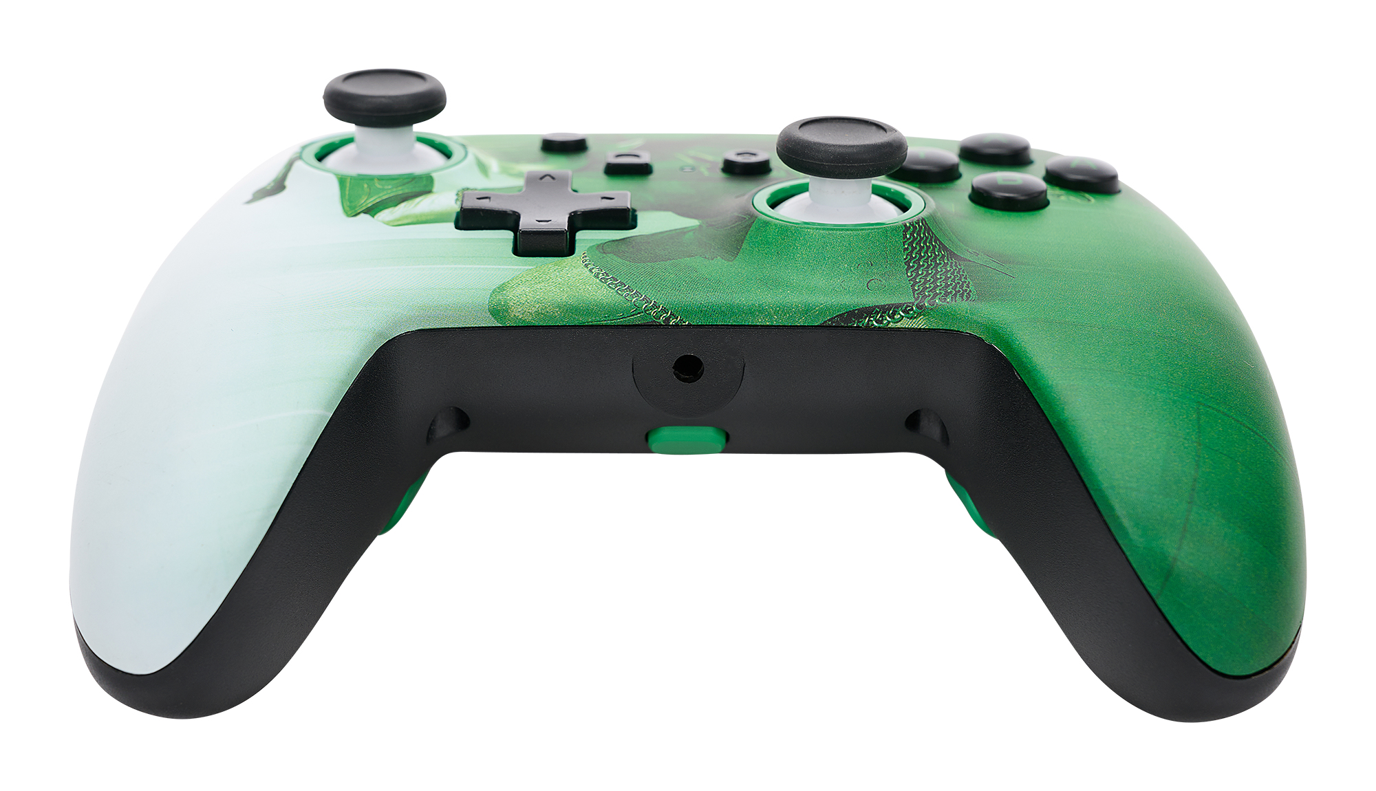 Control de Xbox verde y blanco con gráfico de Master Chief sobre fondo blanco.