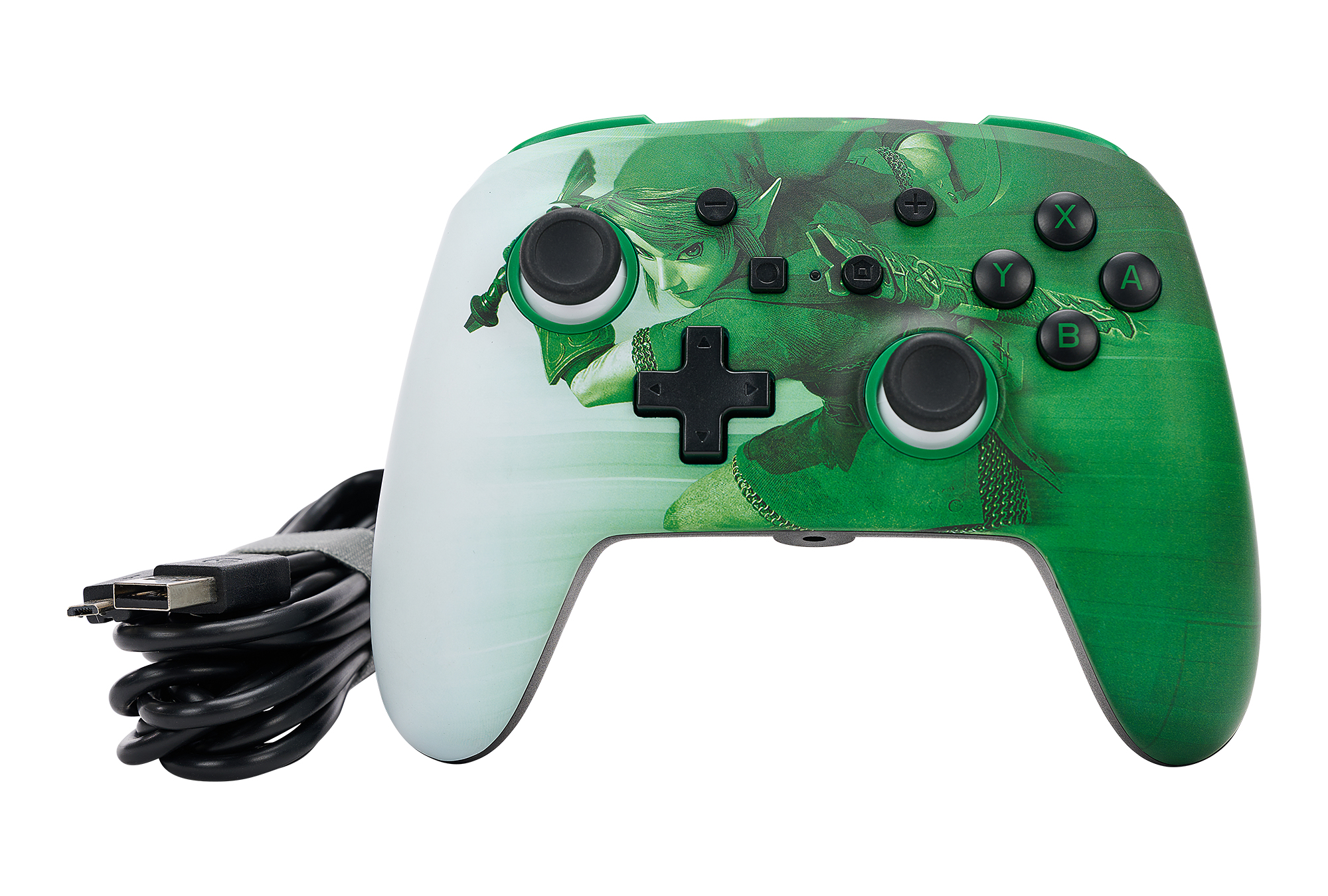 Control de videojuegos verde con diseño de Zelda y cable USB negro conectado sobre fondo blanco.