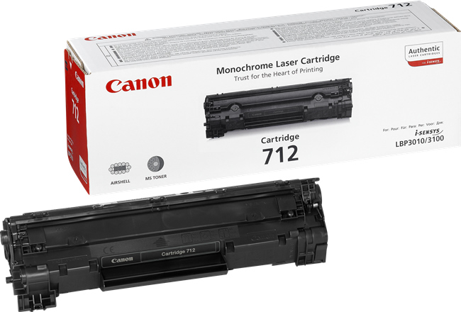Beyaz arka planda beyaz ve kırmızı ürün ambalajının önünde Canon Kartuş 712.