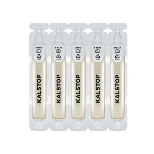Cinco ampollas de Kalstop de 5 ml dispuestas en fila dentro de un envase de plástico transparente.