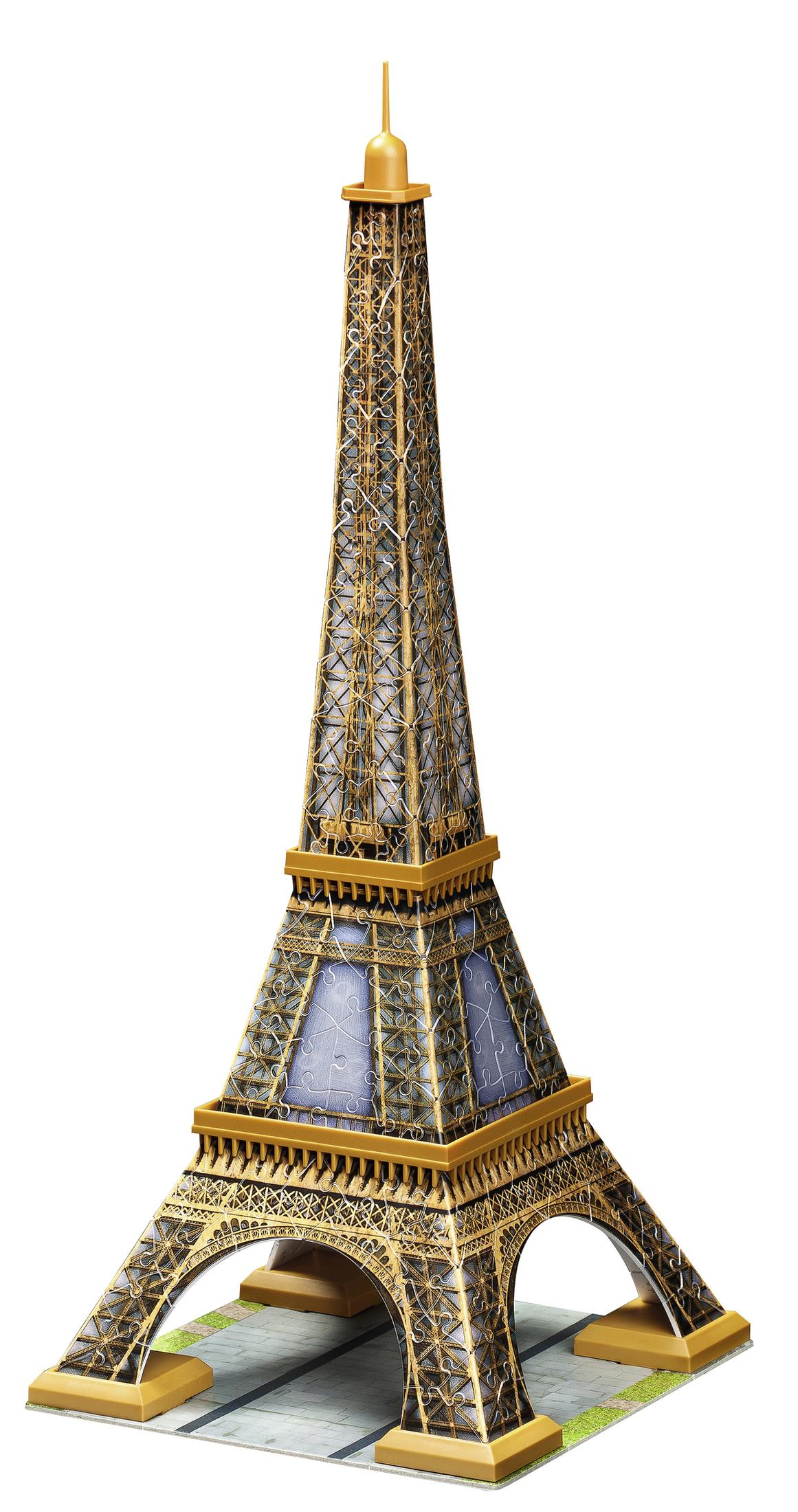 Ein detailliertes 3D-Puzzle des Eiffelturms mit goldenen und blauen Elementen auf weißem Grund.