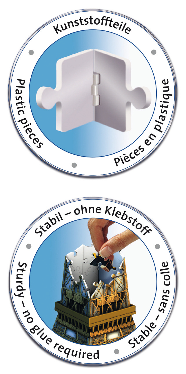 Zwei runde Embleme zeigen Kunststoffpuzzleteile und den Aufbau des Eiffelturms ohne Klebstoff.
