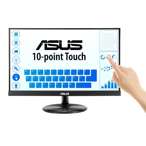 Une main touche l'écran d'un moniteur tactile ASUS noir affichant divers éléments d'interface.