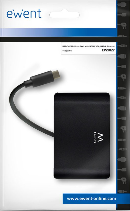 Dock multipuerto USB-C Ewent mostrado en su embalaje original blanco y azul.