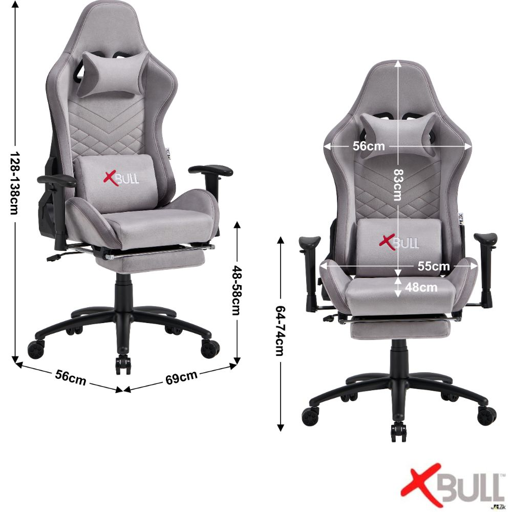 Sedia da gioco grigia X-BULL con poggiapiedi, cuscini e misure in cm.