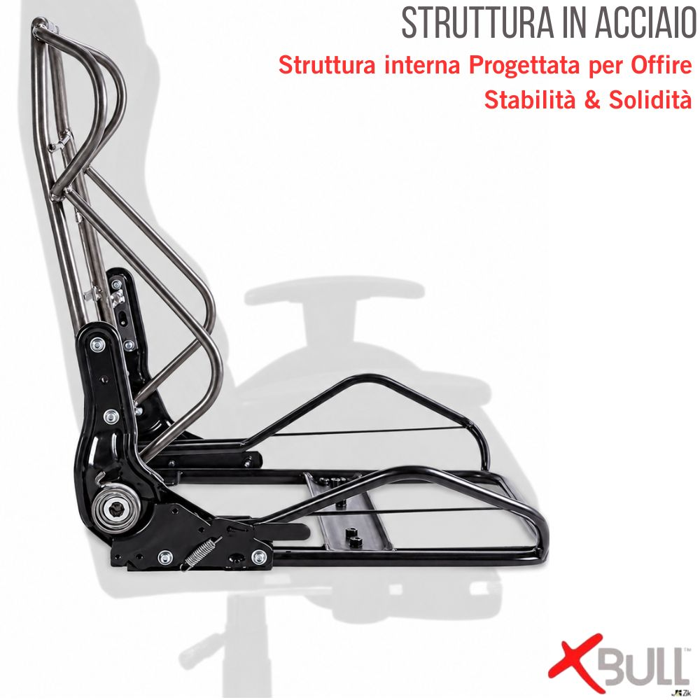 Struttura in acciaio di un sedile da gioco con testo rosso e logo su sfondo bianco.