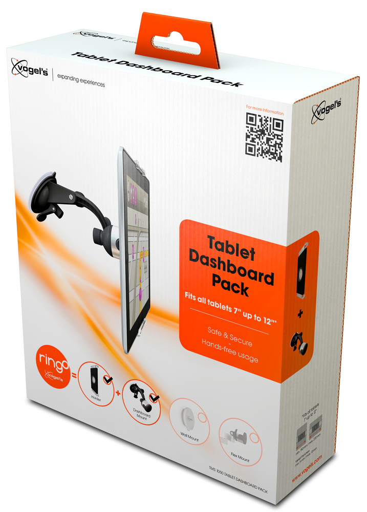Weiße und orangefarbene Produktverpackung für das Vogel's Tablet Dashboard Pack.