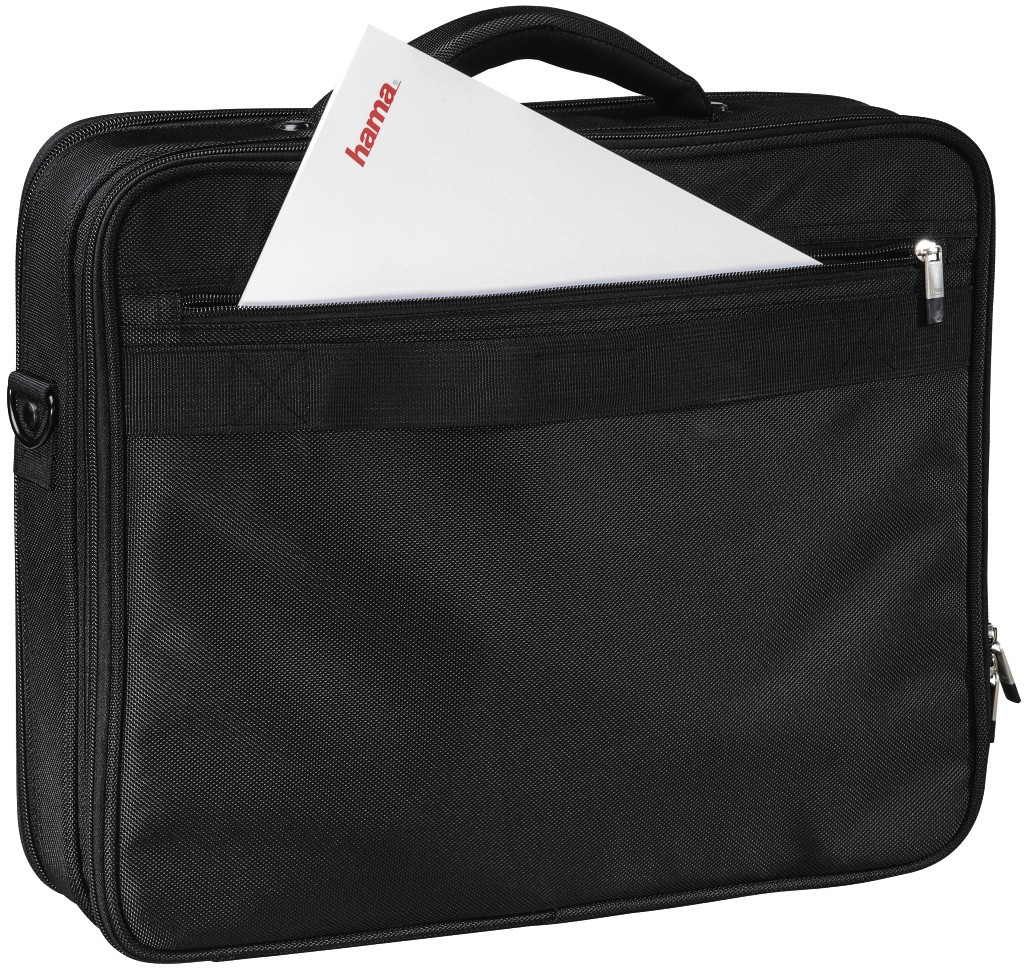 Un maletín para portátil negro con cremallera y un documento Hama blanco.