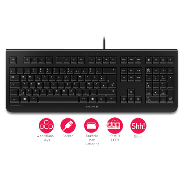 Un teclado negro Cherry con iconos debajo que indican 4 teclas, con cable, letras duraderas, LED y silencioso.
