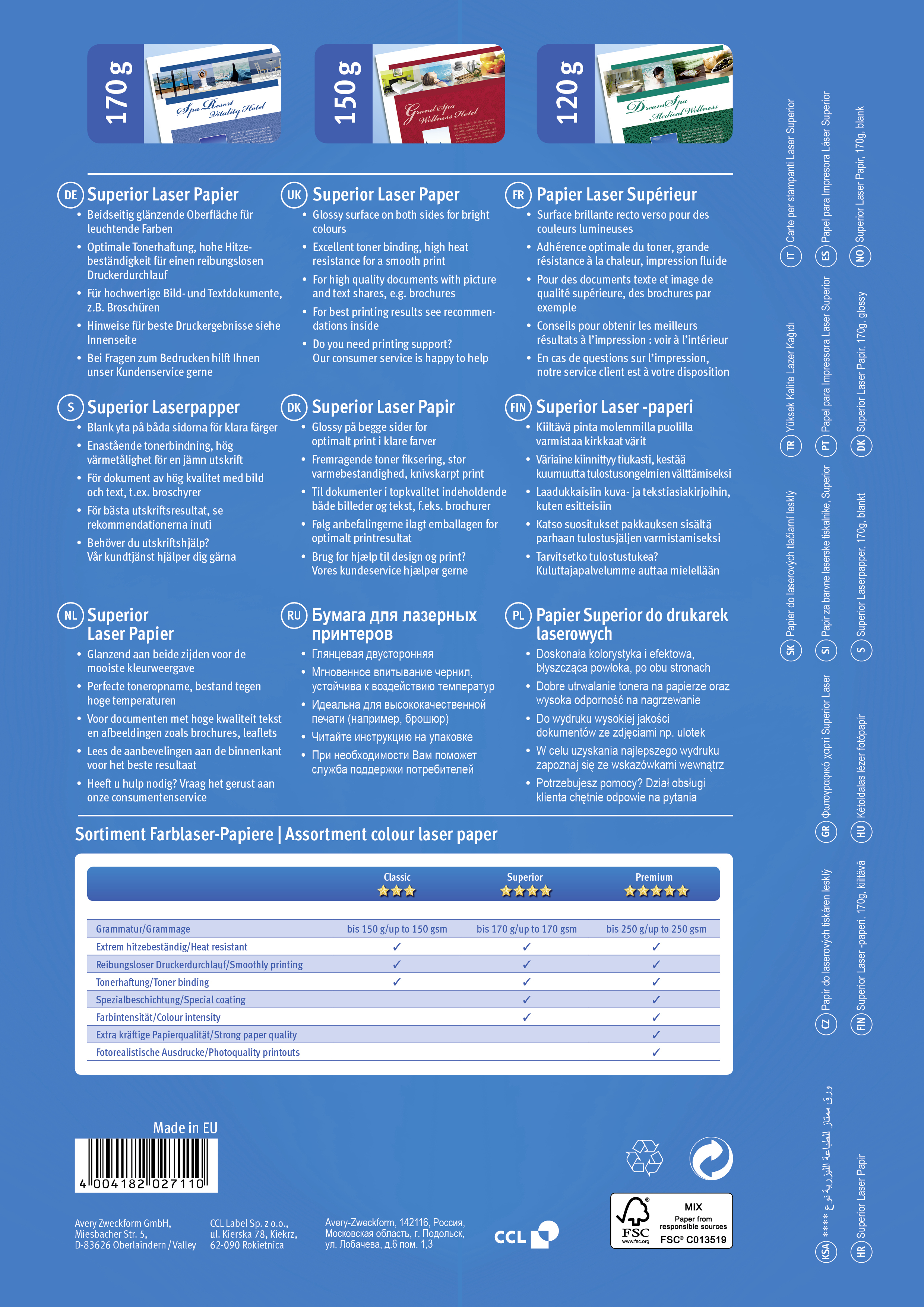 Informationsblatt für Superior Laser Papier mit Produktfeatures in verschiedenen Sprachen.