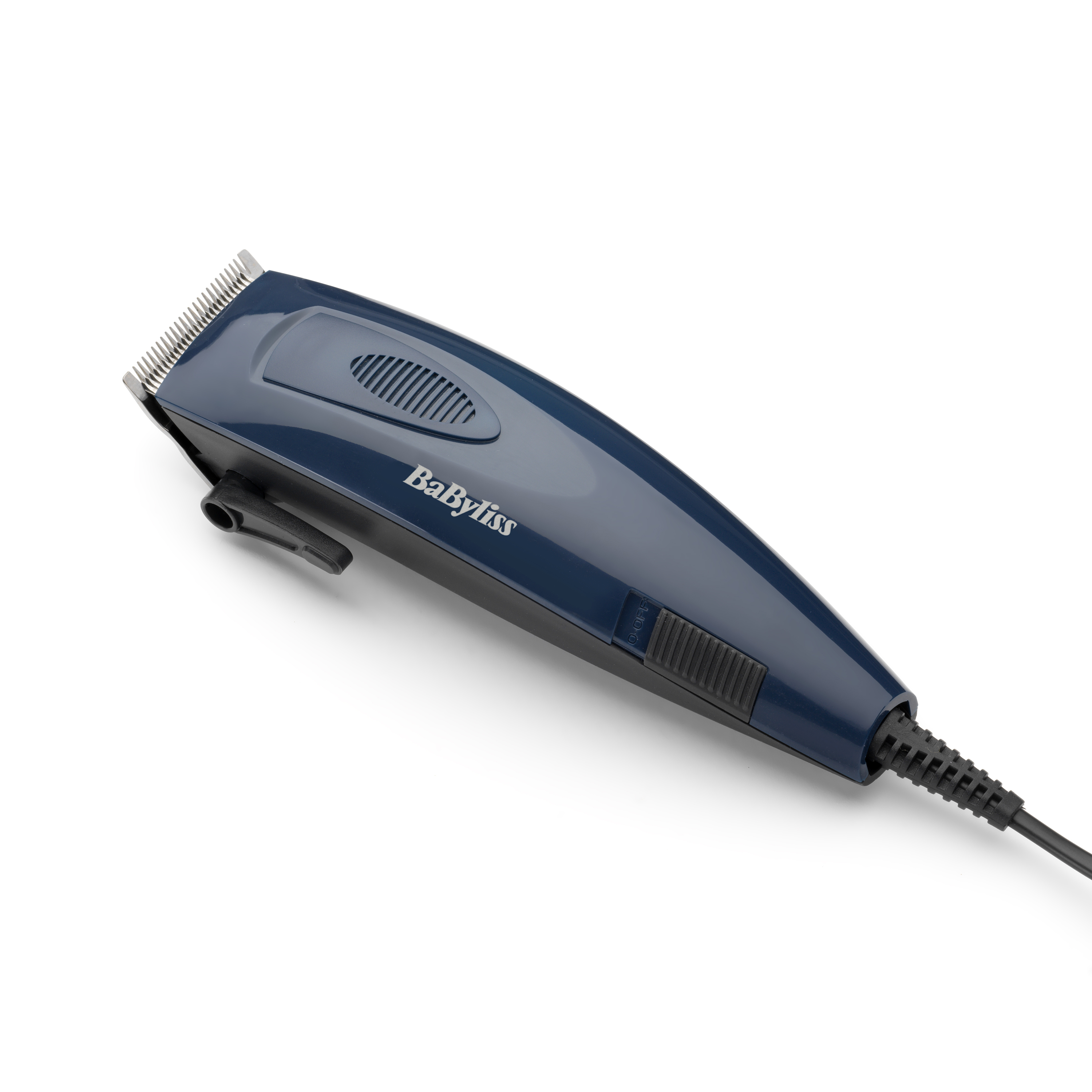 Una cortadora de pelo BaByliss azul con cable de alimentación sobre fondo blanco.