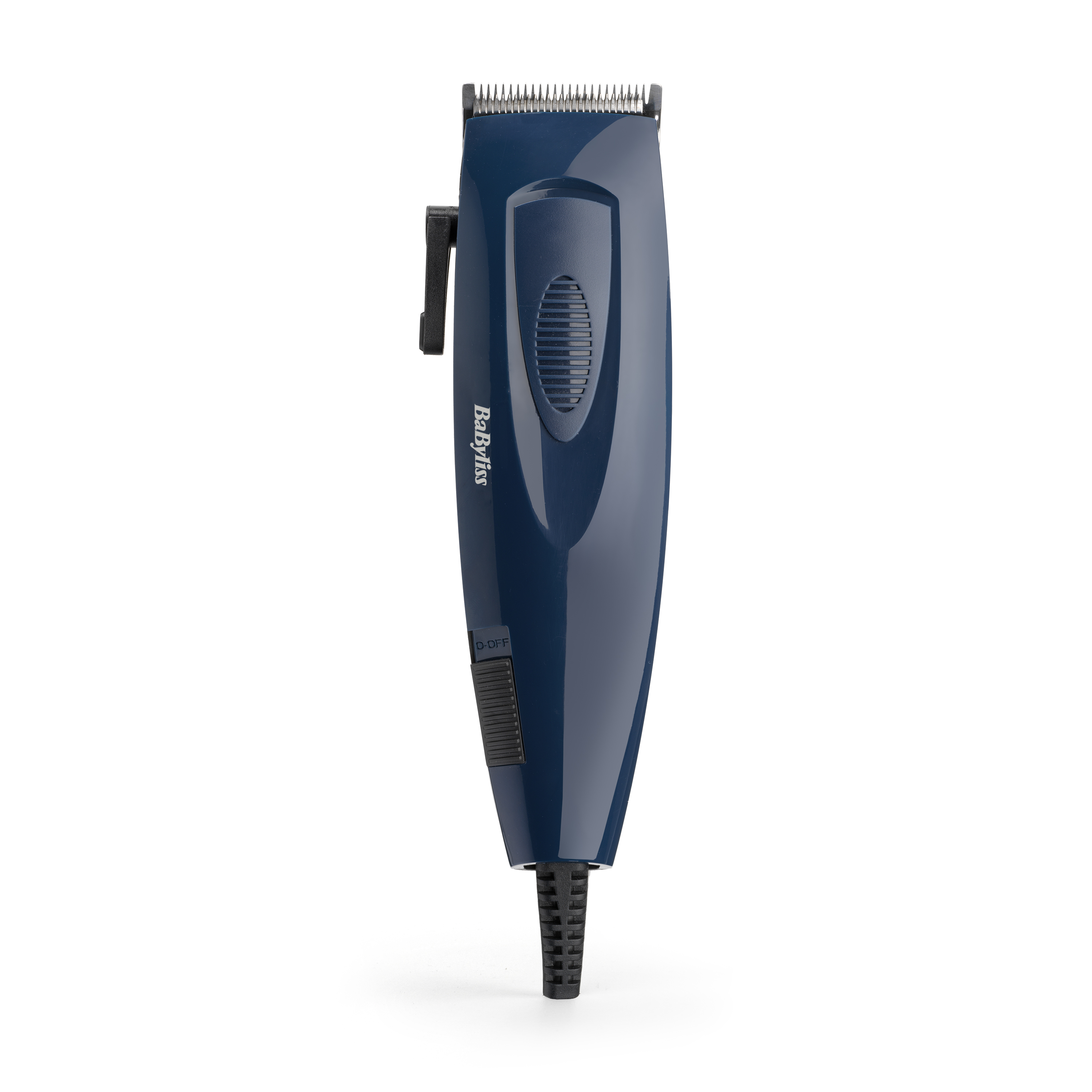 Una cortapelos azul BaByliss con cable de alimentación negro sobre fondo blanco.