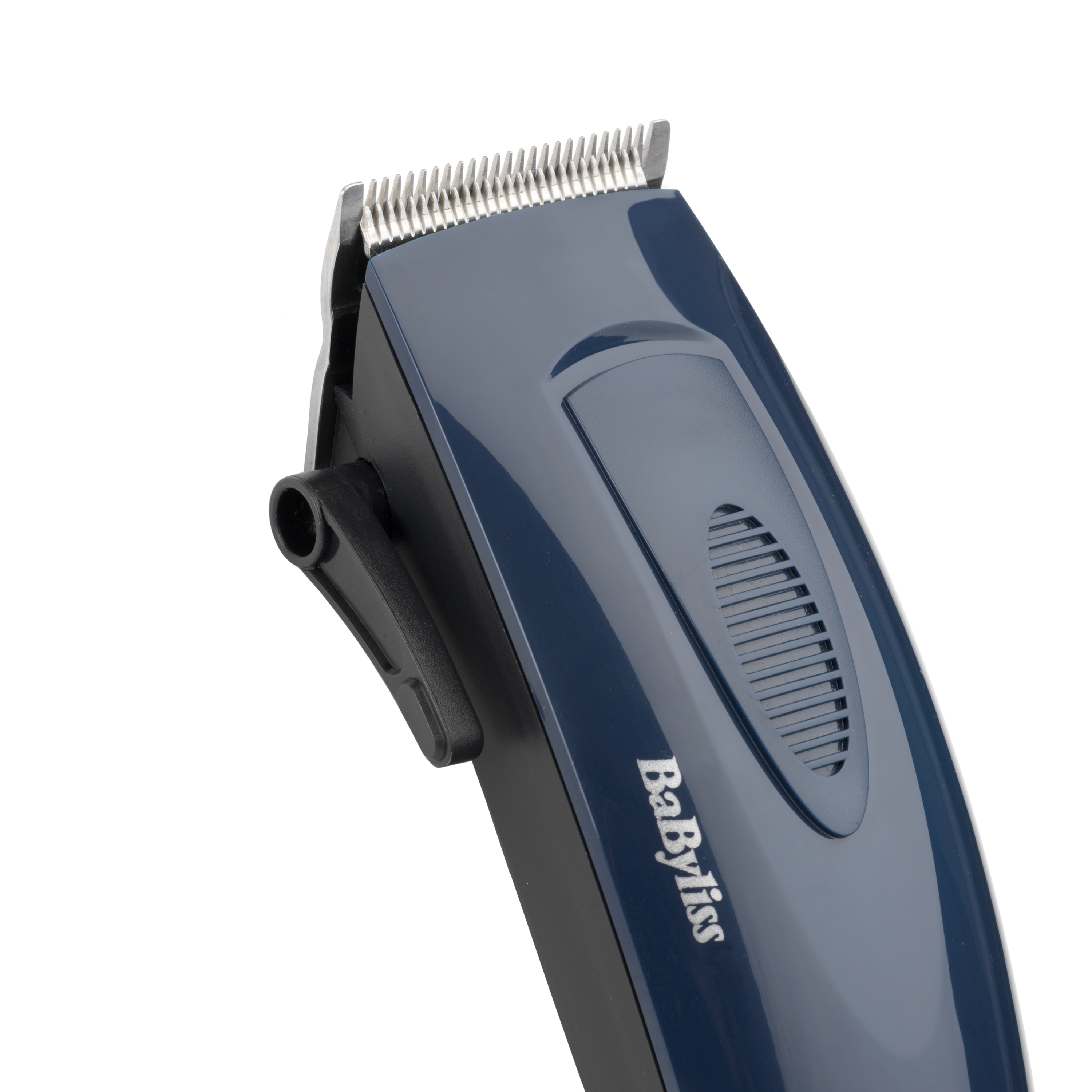 Cortapelos BaByliss azul con cuchillas plateadas aislado en fondo blanco.